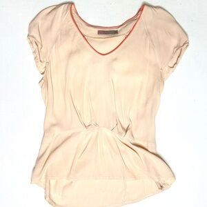 Saint Tropez Cream V-Neck Blouse w/ Orange Piping Short Sleeve High Low Size M